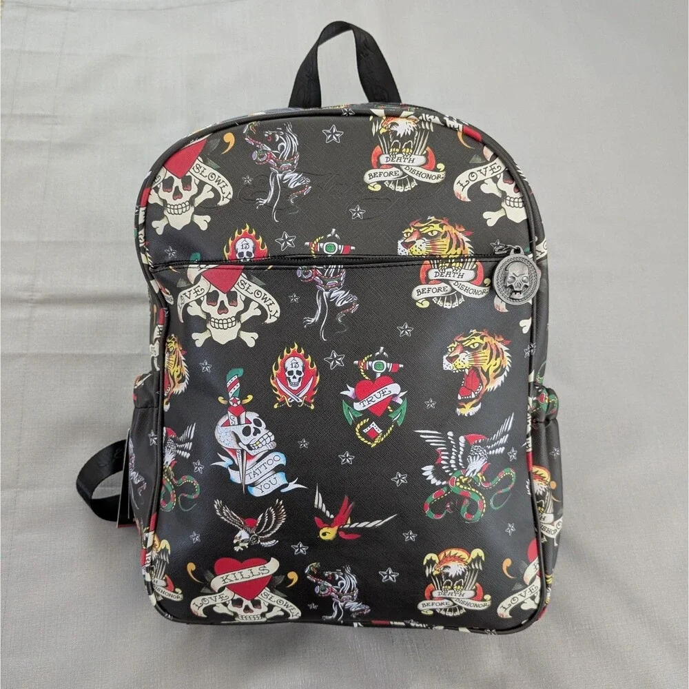 Ed Hardy All Over Tattoo Print Faux Leather Backpack NEW!